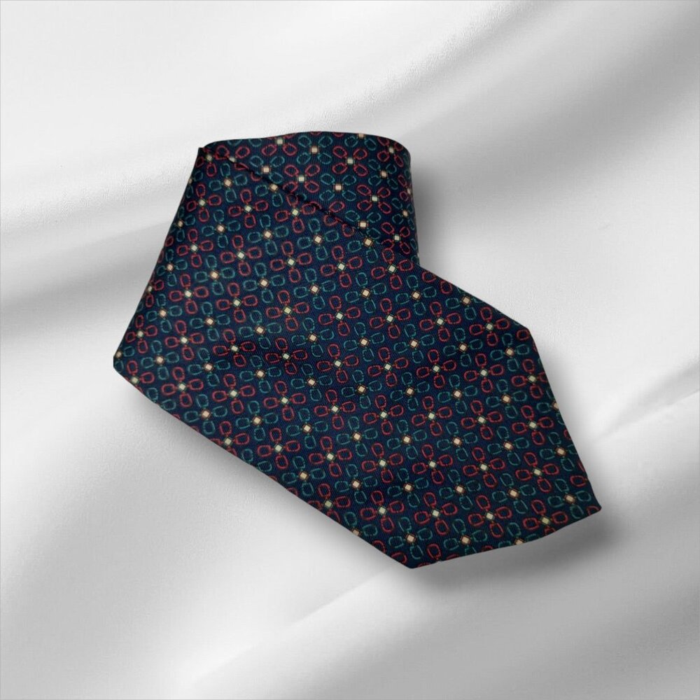 Christian Dior Monsieur Mens Navy and Red Geometric Pattern Silk Tie